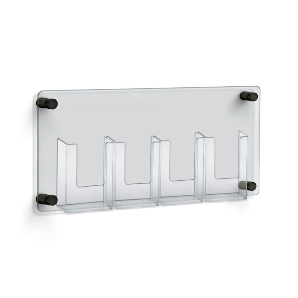 Four-Pocket Trifold Wall Mount Brochure Holder with Black Stand Off Caps